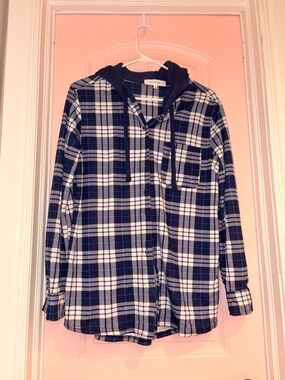 Navy & White Plaid Hooded Flannel Shirt